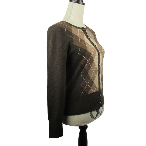 Apt 9 100% Cashmere Cardigan Sweater Size S Argyle Brown - Picture 3 of 6